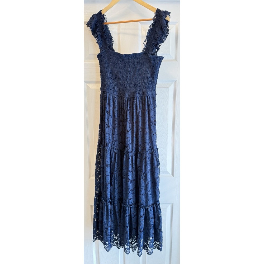 Audrey Parks Maxi Dress Women Medium Navy Blue Lace Smocked Tiered Ruffle Strap